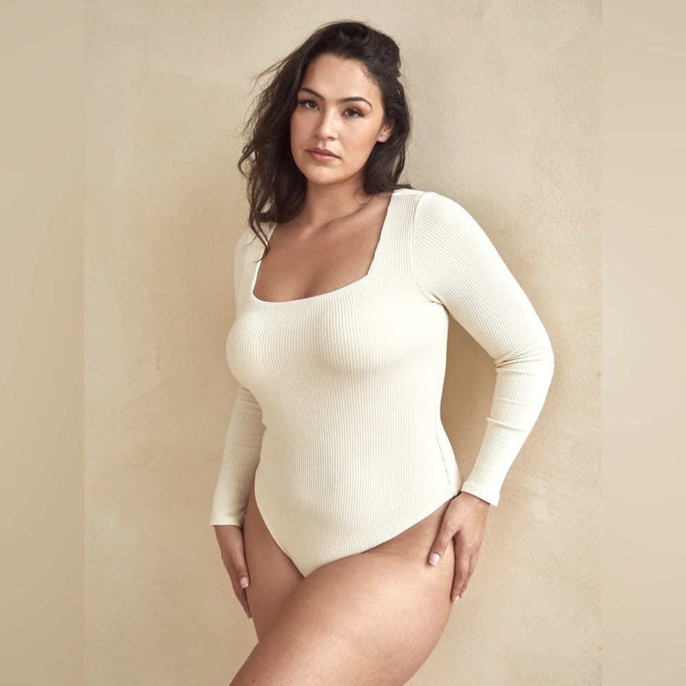 NWT No Bra Needed! Ribbed Square Neck Bramisuit Cream